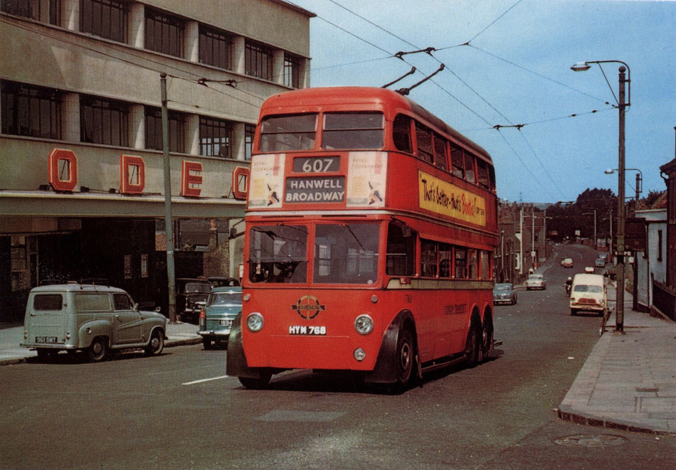 1768 [preserved by LT] passing the Odeon cinema, Uxbridge in 1960