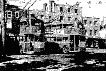 Sketch of London Trolleybuses at Highgate Hill terminus